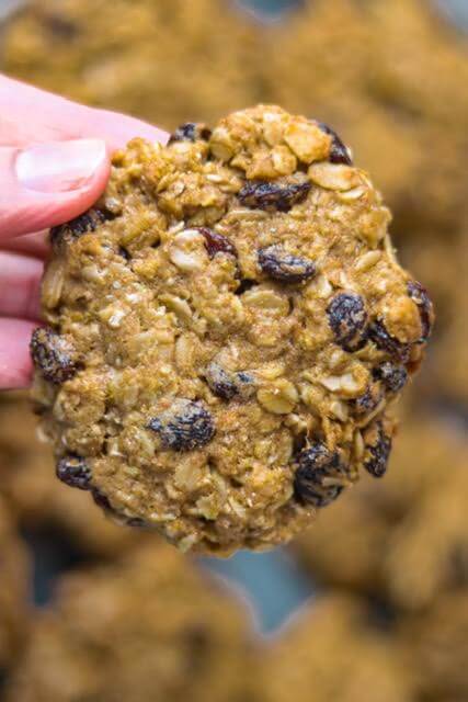 a hand showing a oatmeal raisin cookie