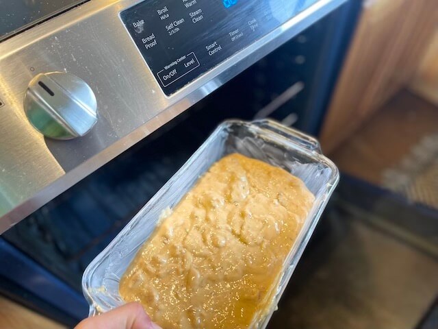 banana bread mix going in the oven