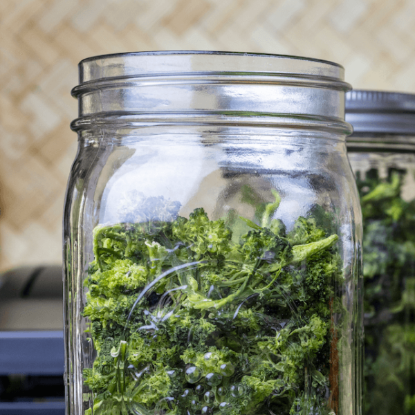 dried broccoli in glass jar