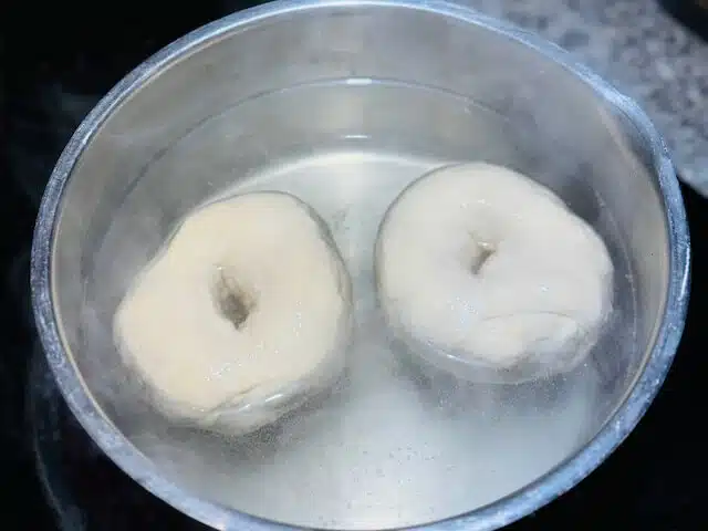 bagel dough in a water bath